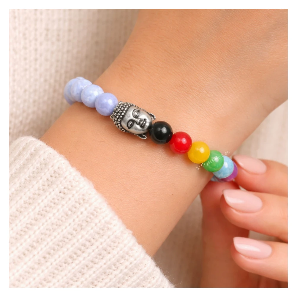 Blue Lace Agate Chakra with Buddha Bracelet (Elastic) - Image 2