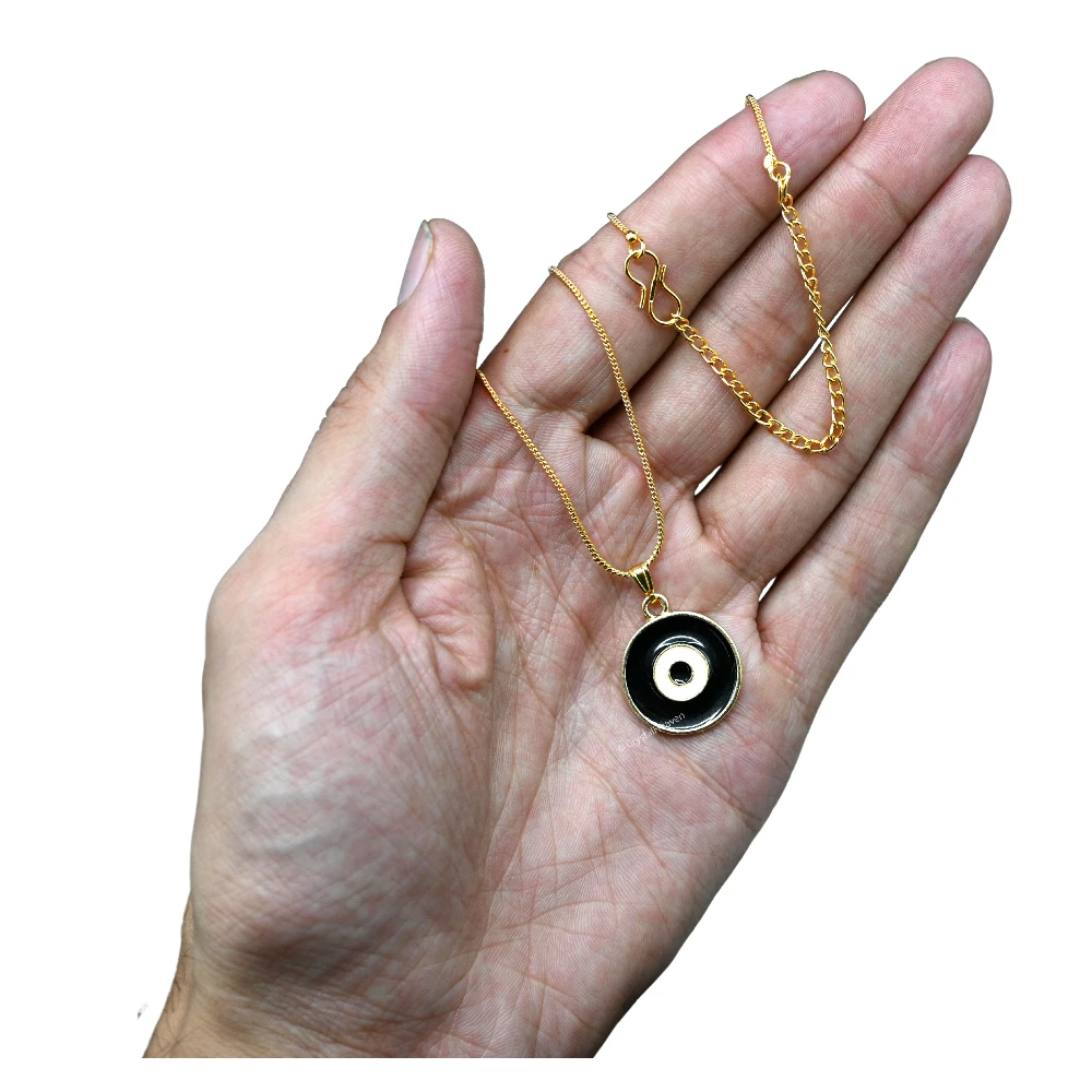 Black Evil Eye Pendant Necklace - Round (Gold) - Image 5