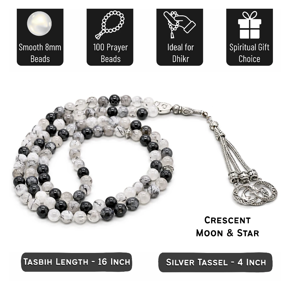 Black Rutilated Quartz Crystal Tasbih (Silver) - Image 4