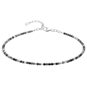 Black Rutilated Quartz Anklet - 2mm Faceted Beads (Silver)