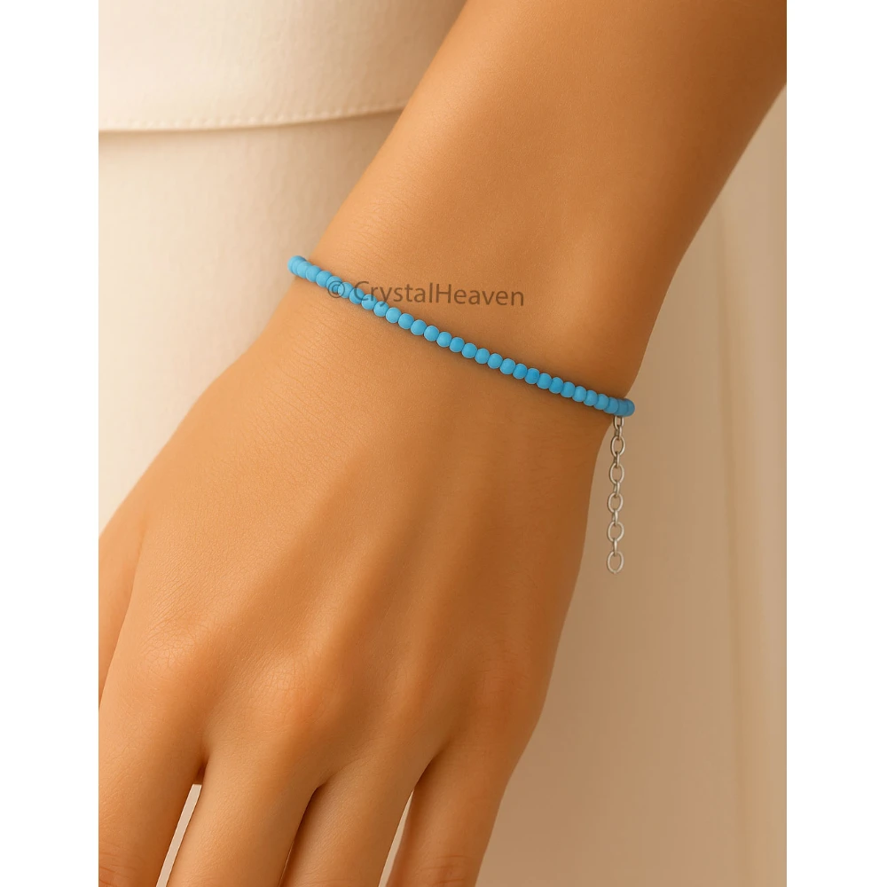Aqua Chalcedony Bracelets - 2mm Faceted Beads (Silver) - Image 4