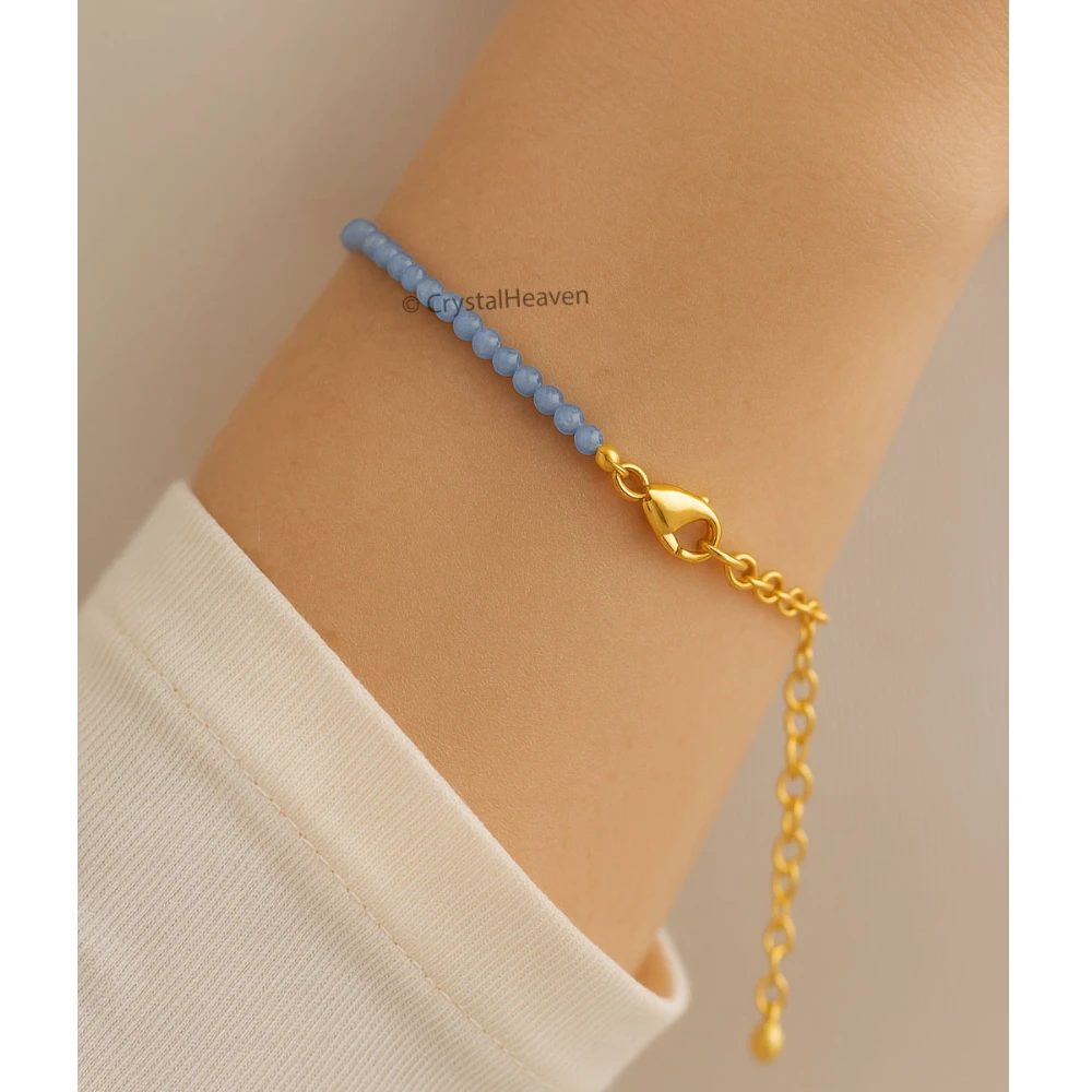 Blue Chalcedony Bracelets - 2mm Faceted Beads (Gold) - Image 4