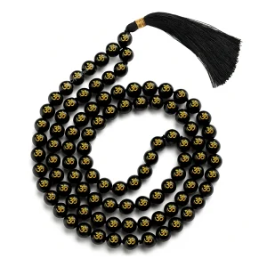 Black Agate Japa Mala (Om) (Without Knotted)