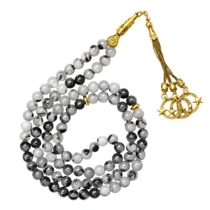 Black Rutilated Quartz Crystal Tasbih (Gold)