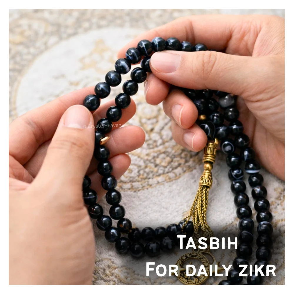 Black Banded Agate Crystal Tasbih (Gold) - Image 6