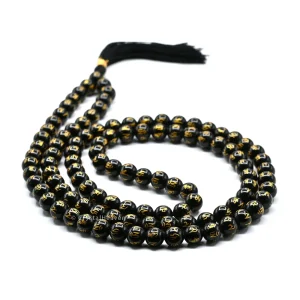 Black Agate Om Mani Padme Hum Japa Mala (Without Knot)