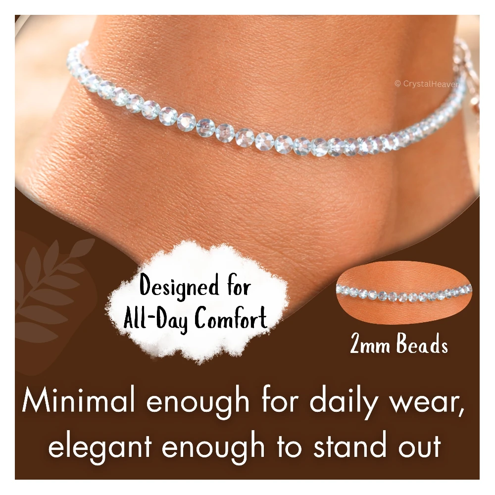 Aquamarine Anklet - 2mm Faceted Beads (Silver) - Image 6