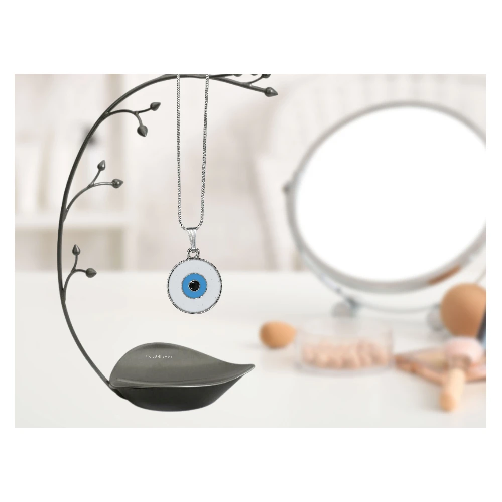 White Evil Eye Pendant Necklace - Round (Silver) - Image 3