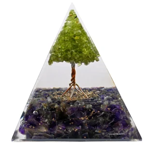 Amethyst with Peridot Tree Crystal Orgone Pyramid - 105 mm