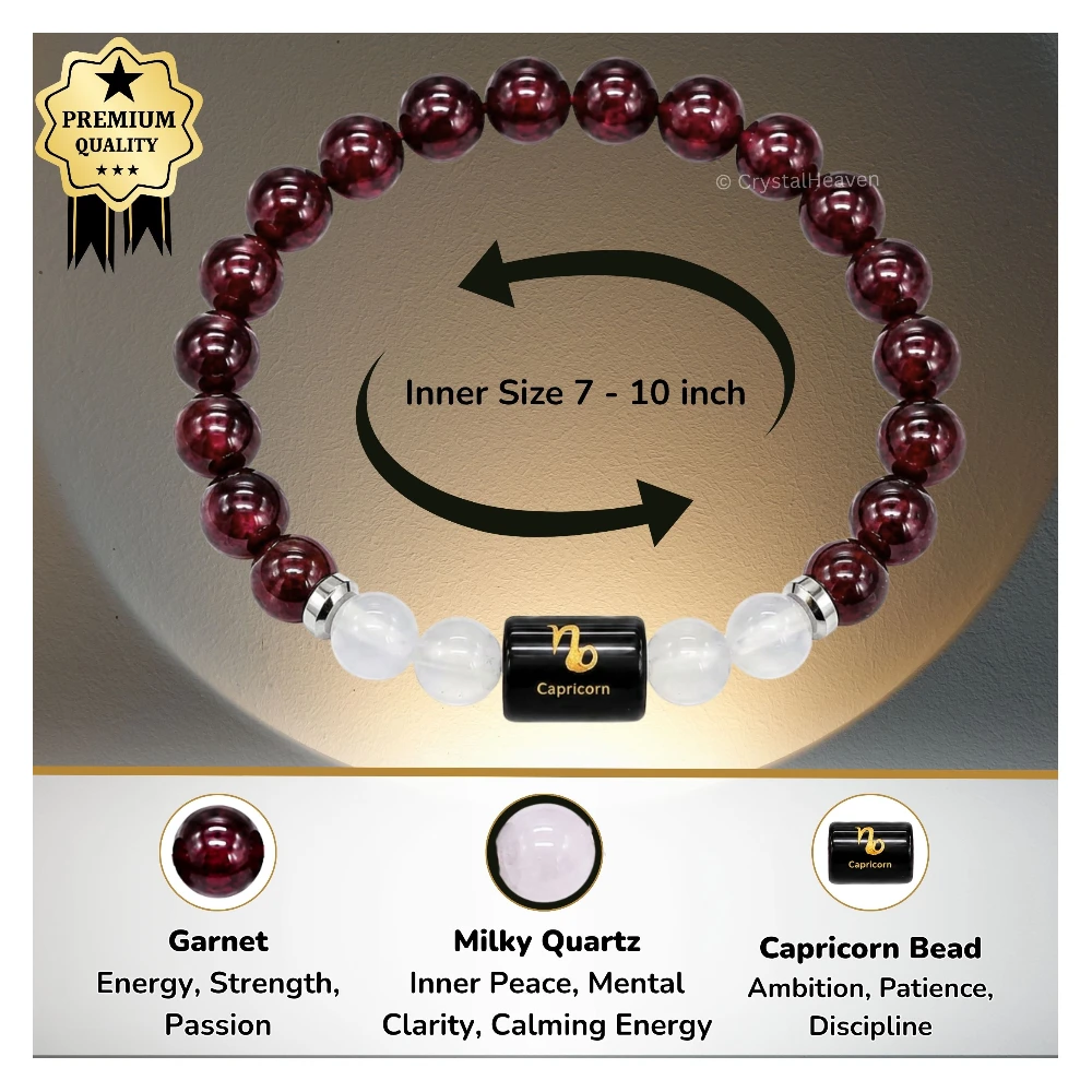 Capricorn Bracelet (मकर राशि) - Garnet & Milky Quartz - Image 4
