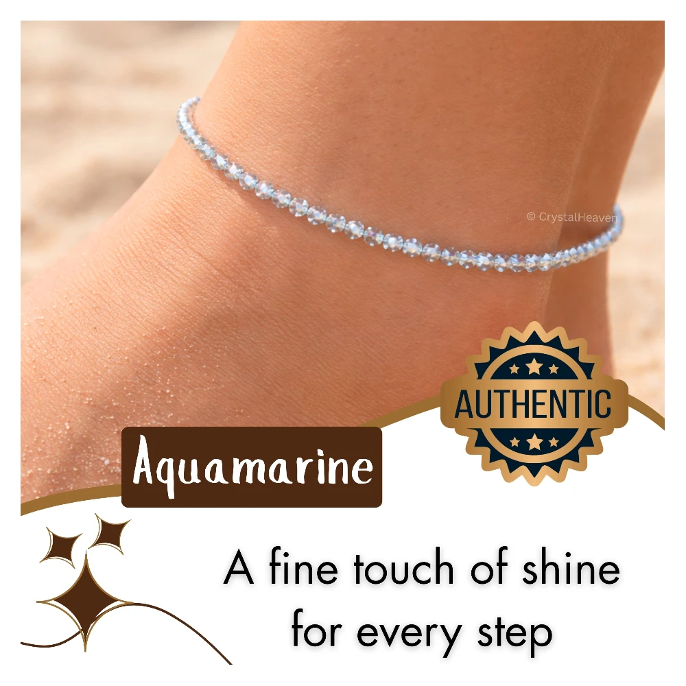 Aquamarine Anklet - 2mm Faceted Beads (Silver) - Image 5
