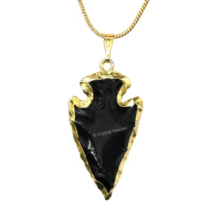 Black Obsidian Arrow Head Pendant - Gold Plated