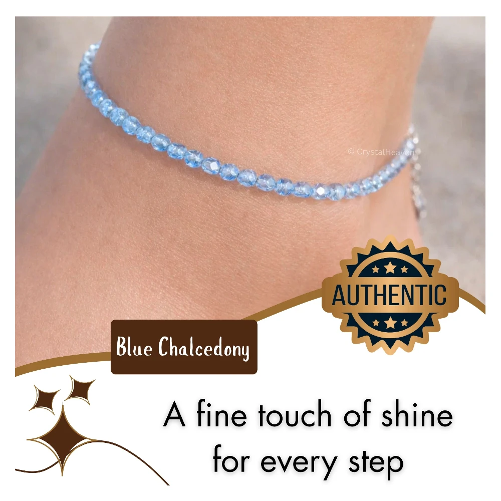 Blue Chalcedony Anklet - 2mm Faceted Beads (Silver) - Image 5
