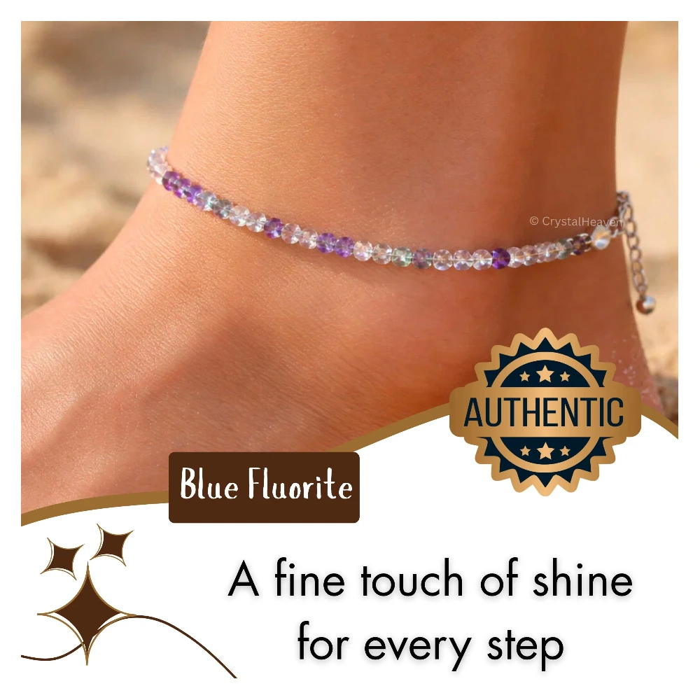 Blue Fluorite Anklet - 2mm Faceted Beads (Silver) - Image 5