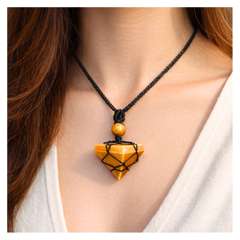 Yellow Jasper Pyramid Macrame Pendant Necklace - Image 4