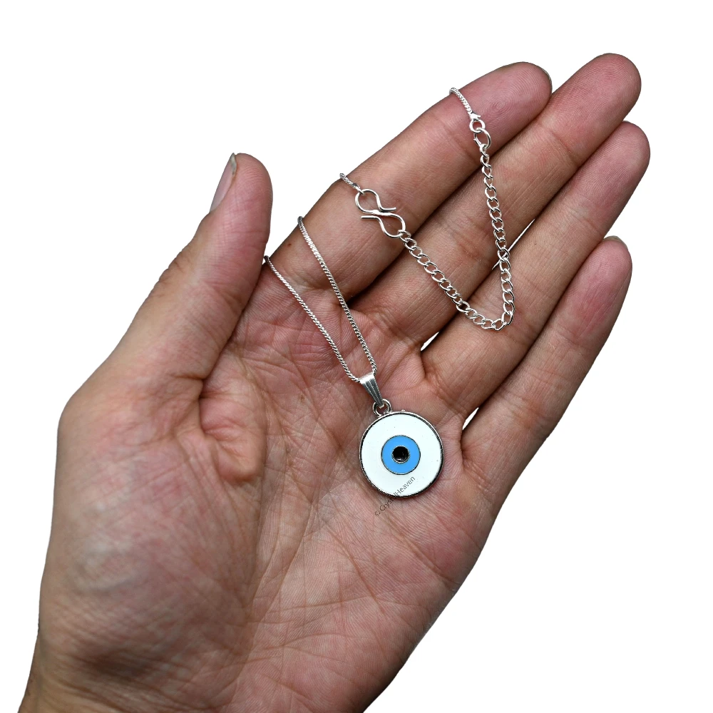White Evil Eye Pendant Necklace - Round (Silver) - Image 5