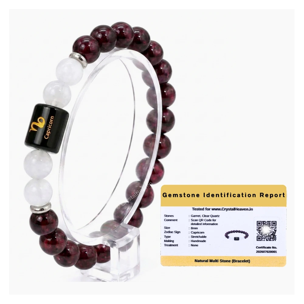 Capricorn Bracelet (मकर राशि) - Garnet & Milky Quartz - Image 2