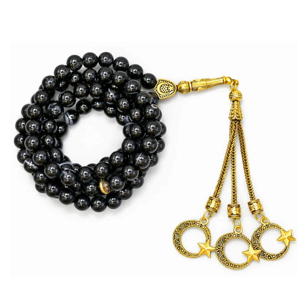 Black Banded Agate Crystal Tasbih (Gold) - Image 2