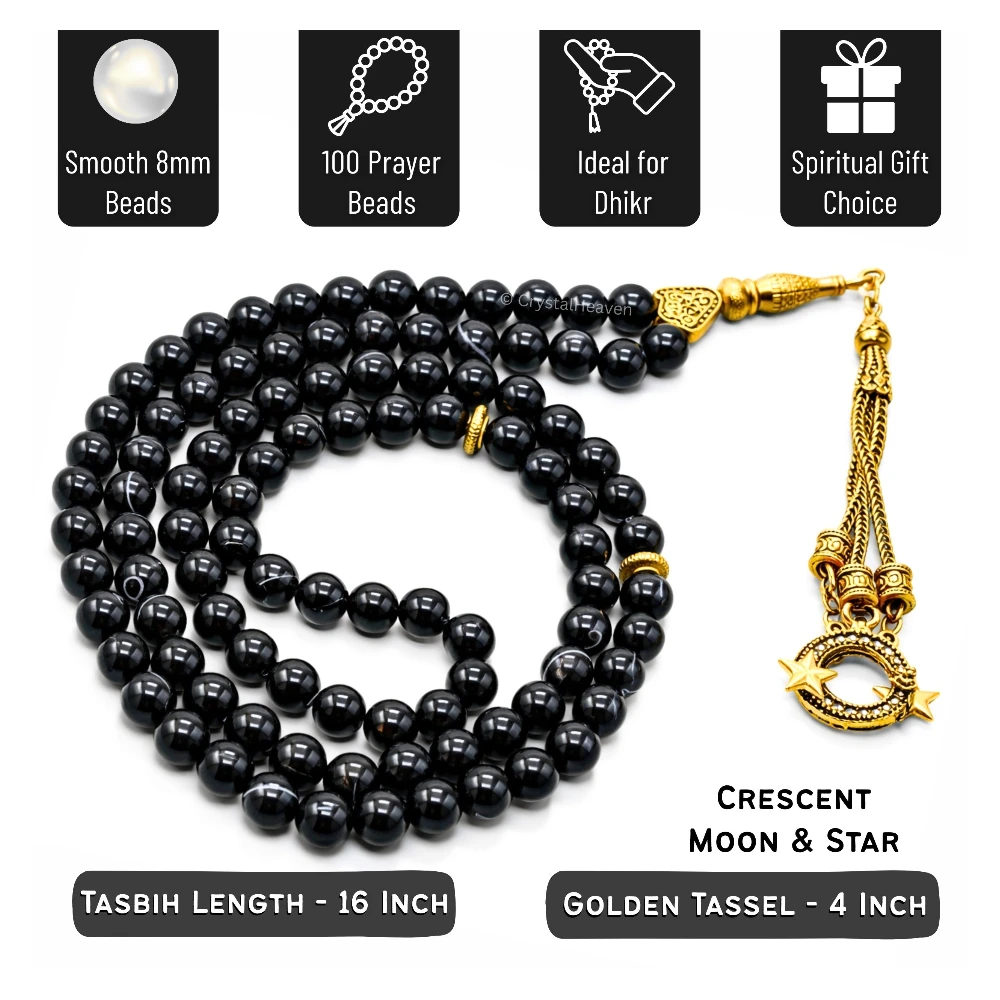 Black Banded Agate Crystal Tasbih (Gold) - Image 4