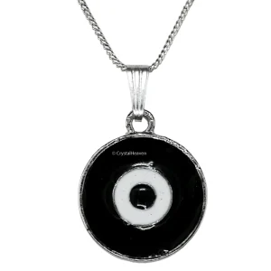 Black Evil Eye Pendant Necklace - Round (Silver)
